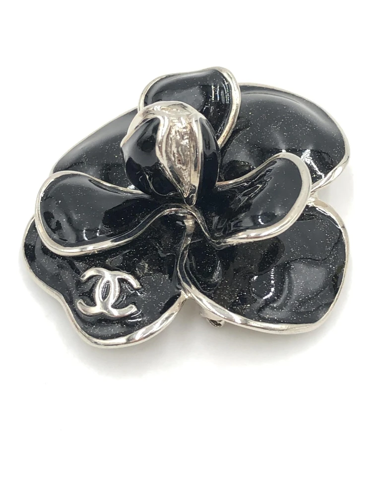 Black Enamel Flower Brooch With Silver-Tone