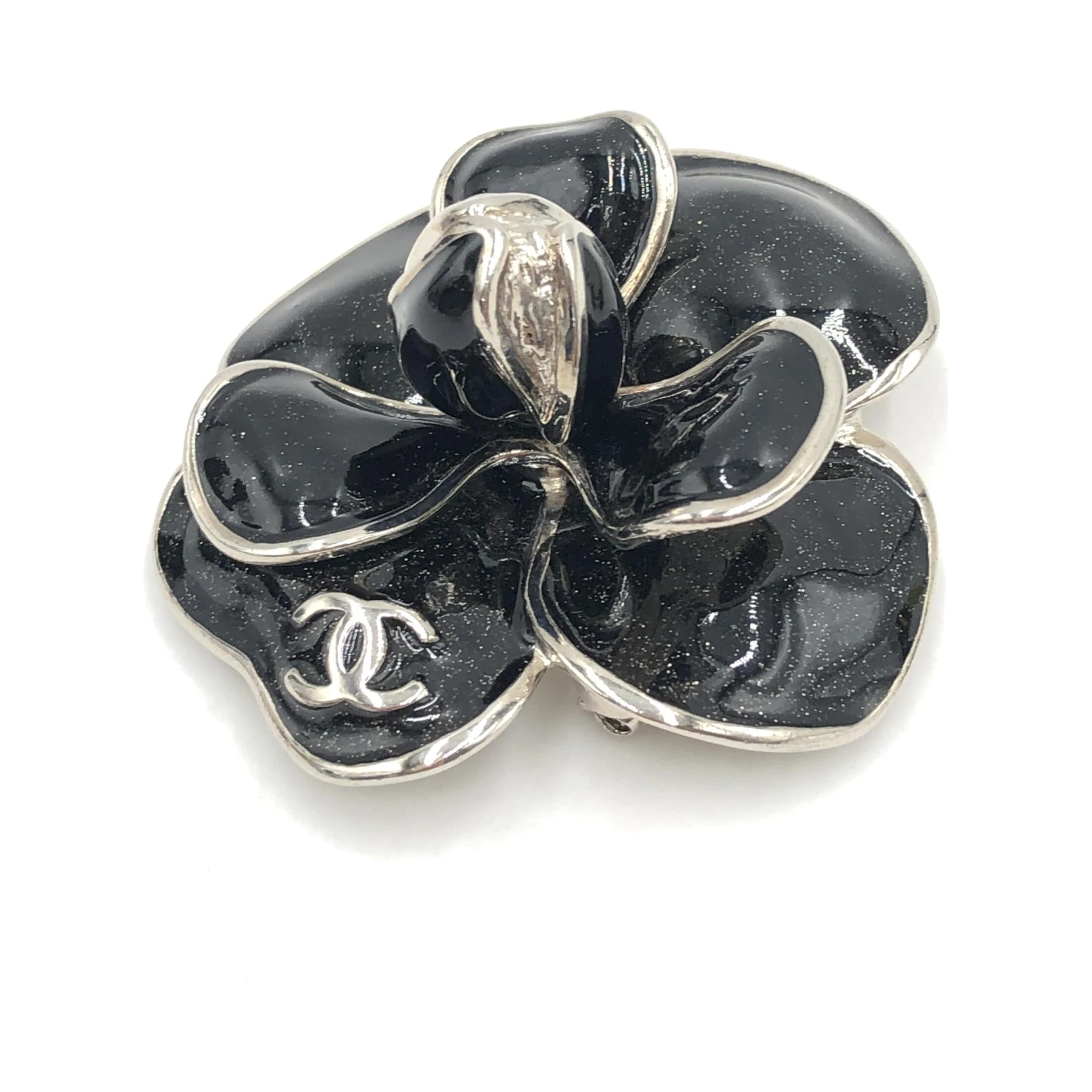 Black Enamel Flower Brooch With Silver-Tone