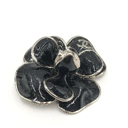 Black Enamel Flower Brooch With Silver-Tone
