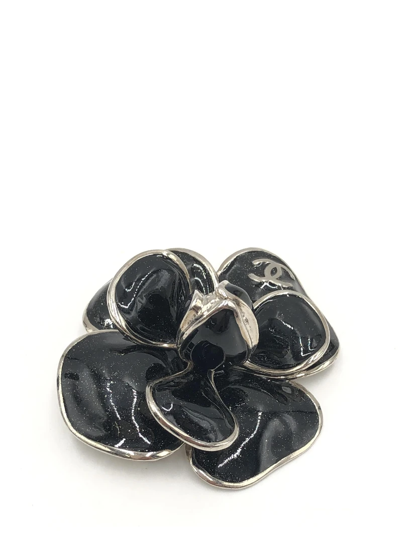 Black Enamel Flower Brooch With Silver-Tone