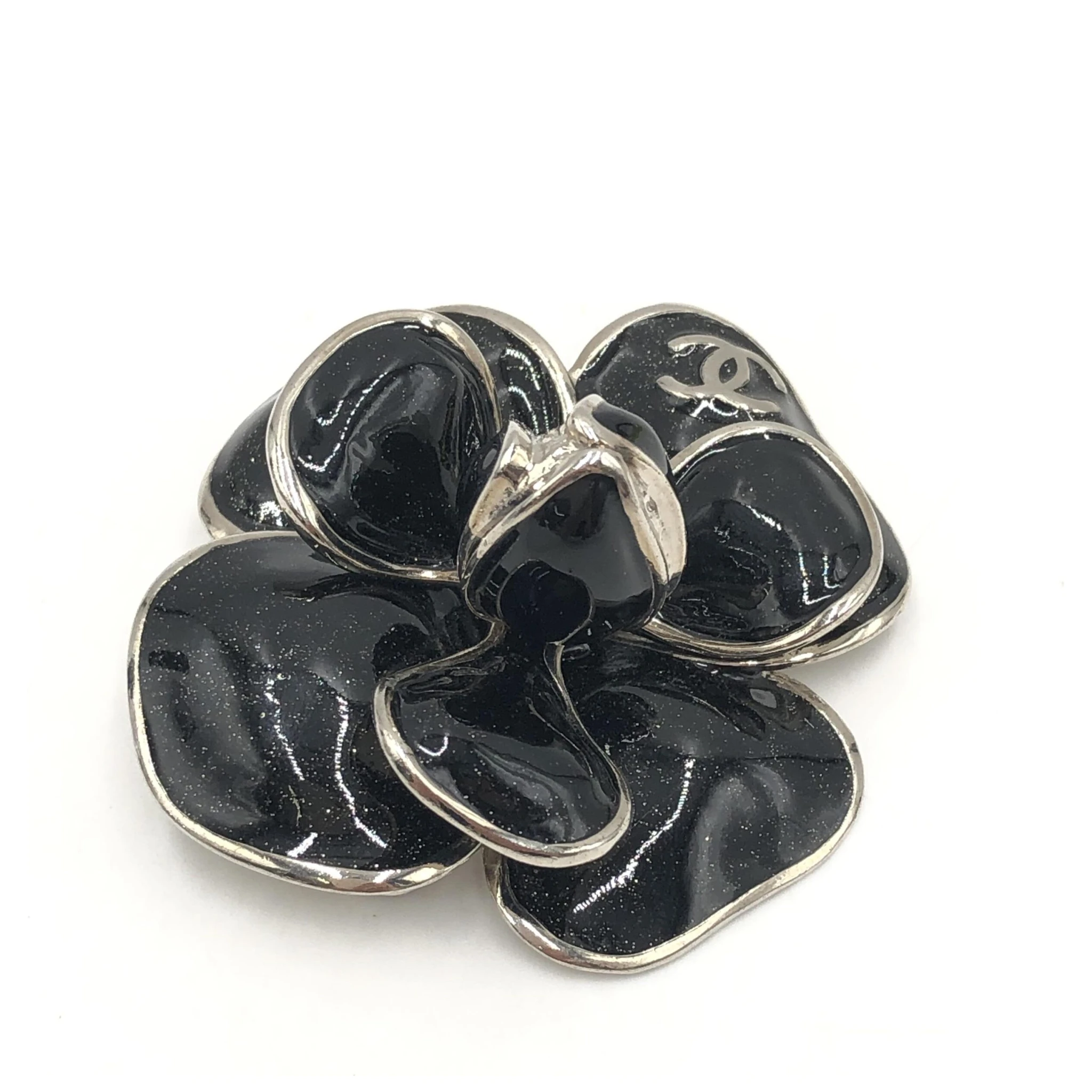 Black Enamel Flower Brooch With Silver-Tone