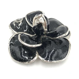 Black Enamel Flower Brooch With Silver-Tone