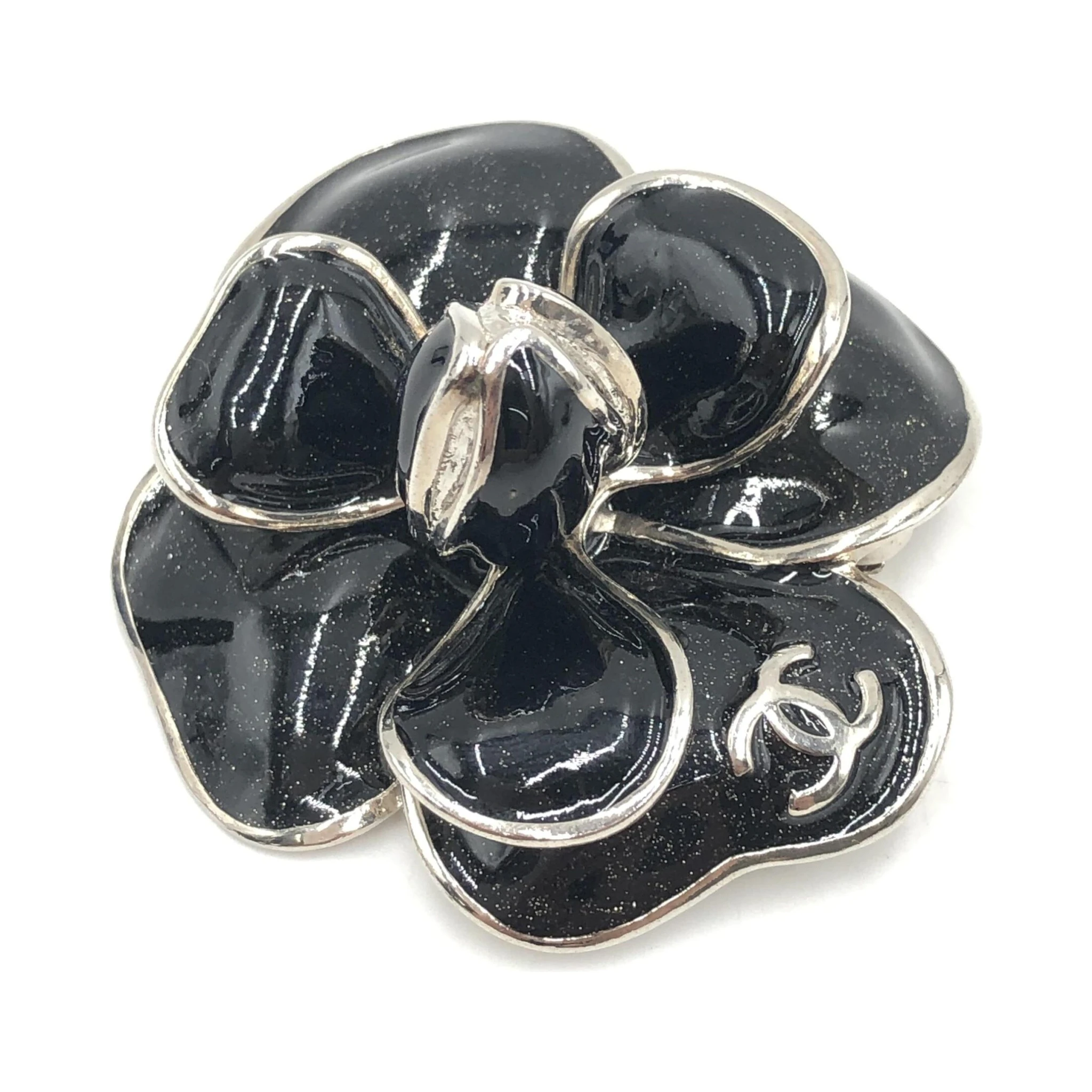 Black Enamel Flower Brooch With Silver-Tone