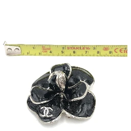 Black Enamel Flower Brooch With Silver-Tone