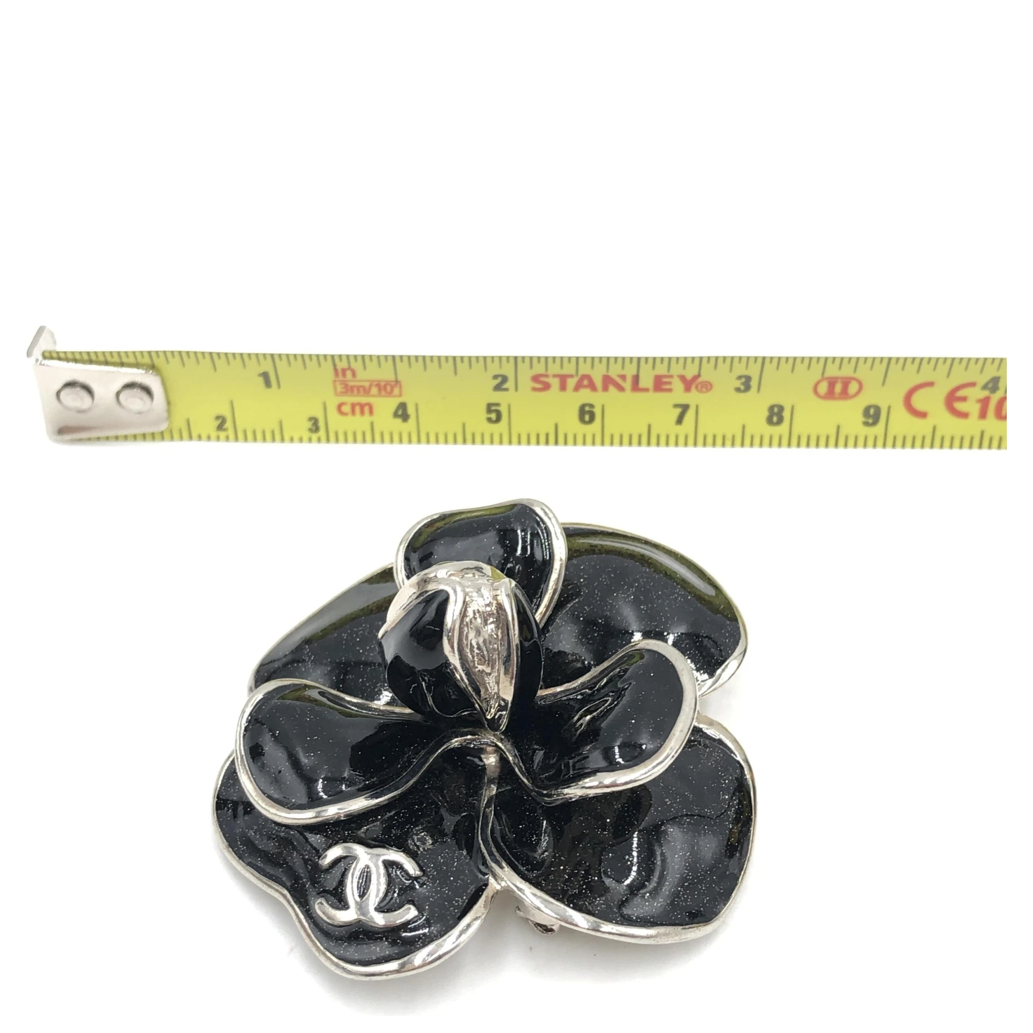 Black Enamel Flower Brooch With Silver-Tone