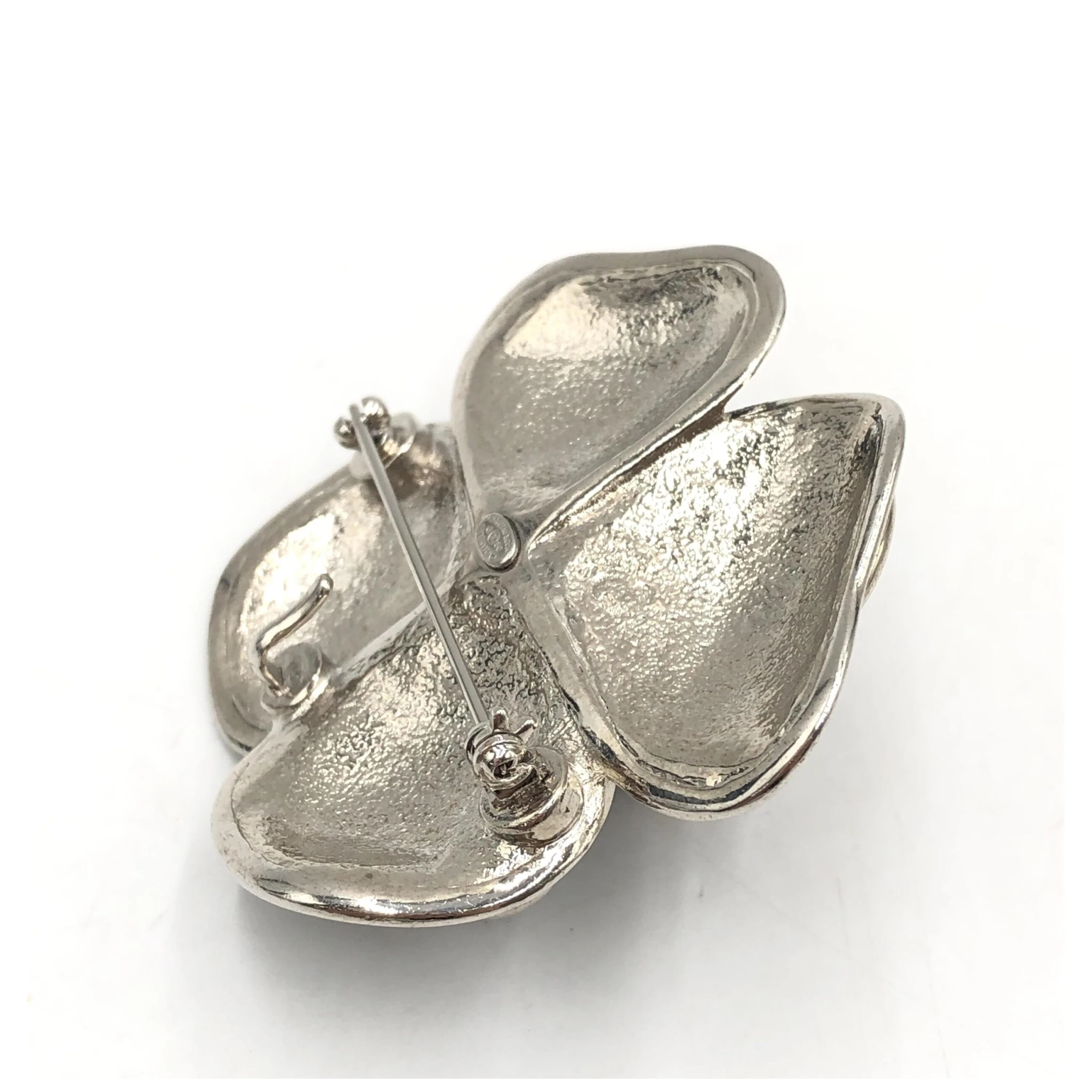 Black Enamel Flower Brooch With Silver-Tone