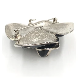 Black Enamel Flower Brooch With Silver-Tone