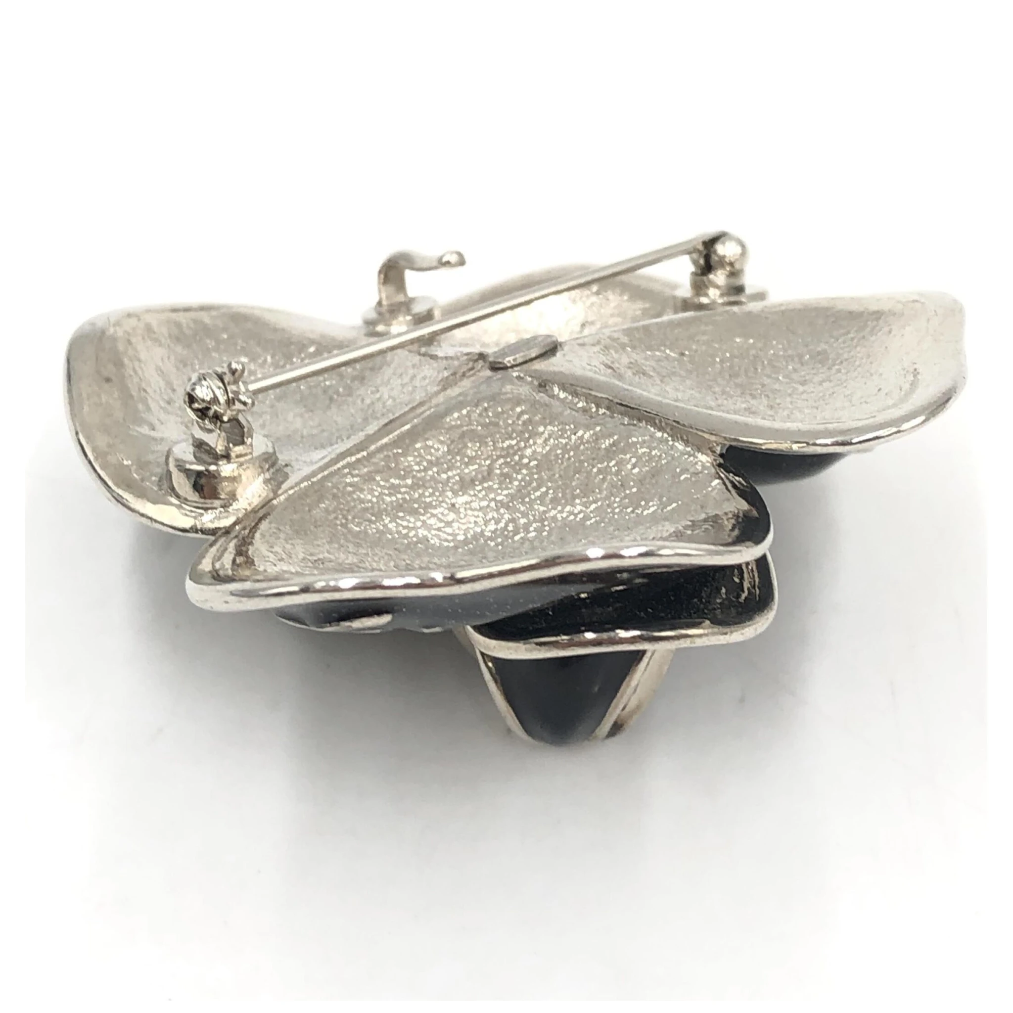 Black Enamel Flower Brooch With Silver-Tone