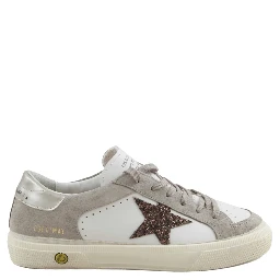 may leather upper vamp and tongue suede quarter and toe glitter star laminated heel