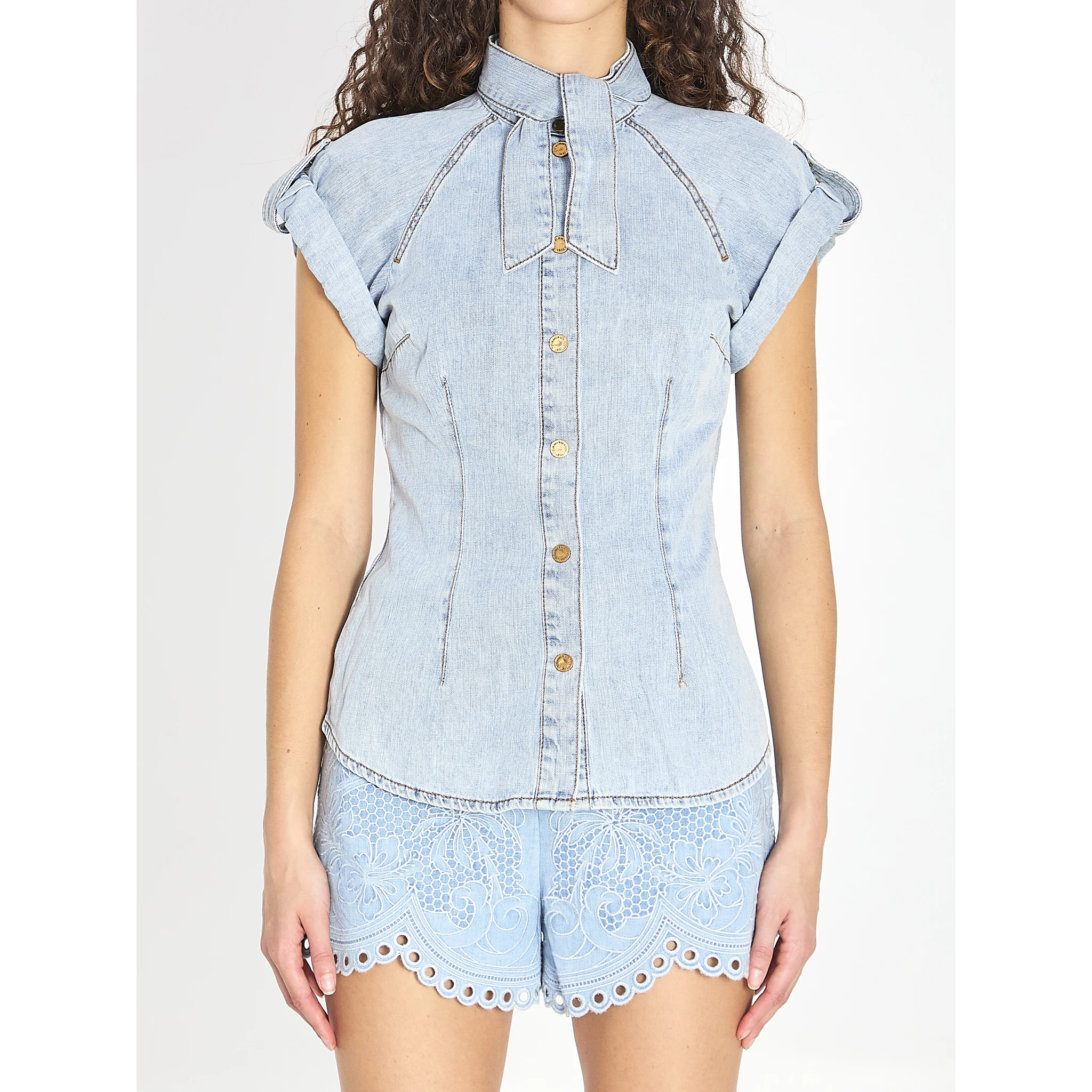 Denim tie neck shirt