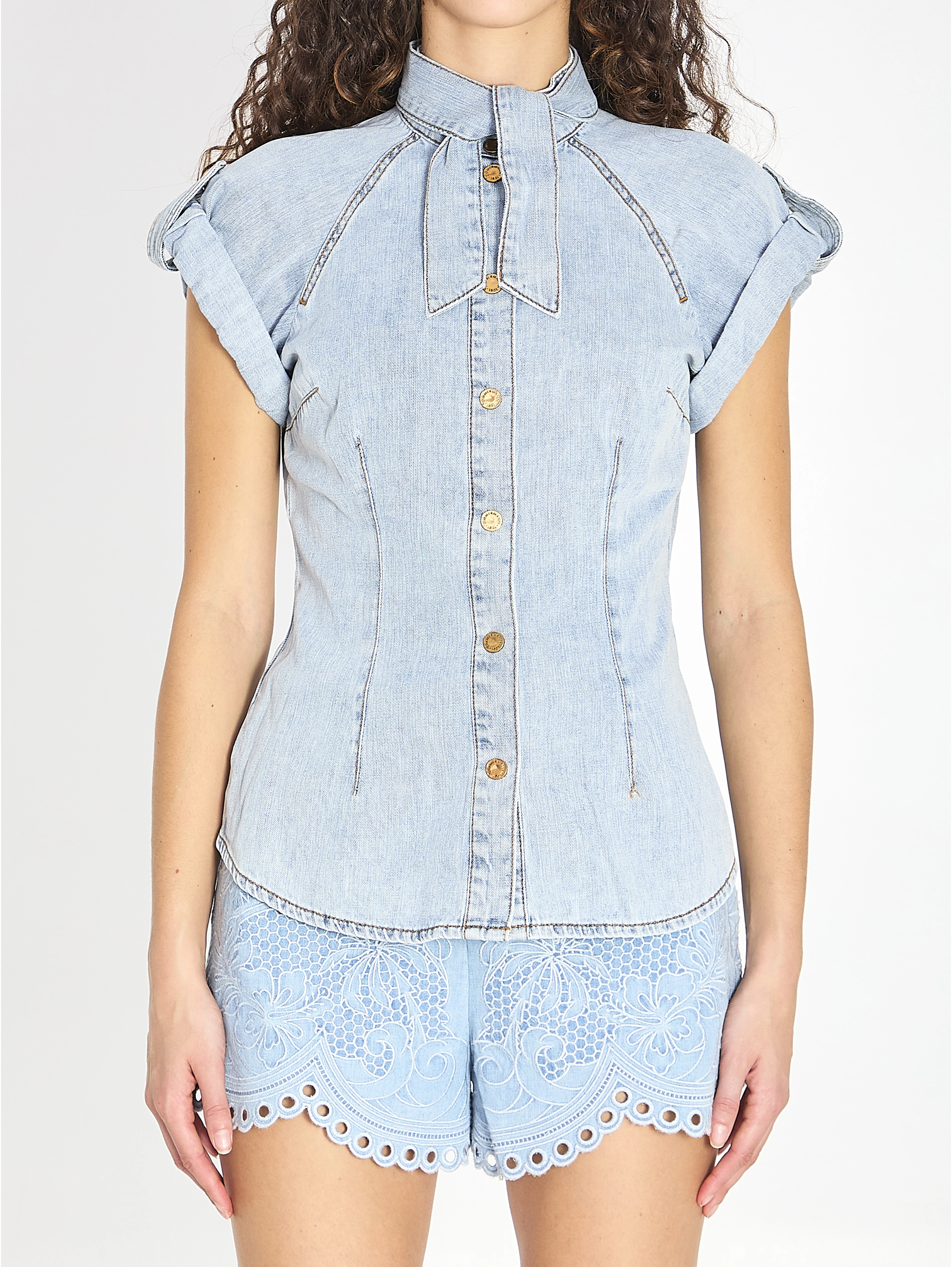 Denim tie neck shirt