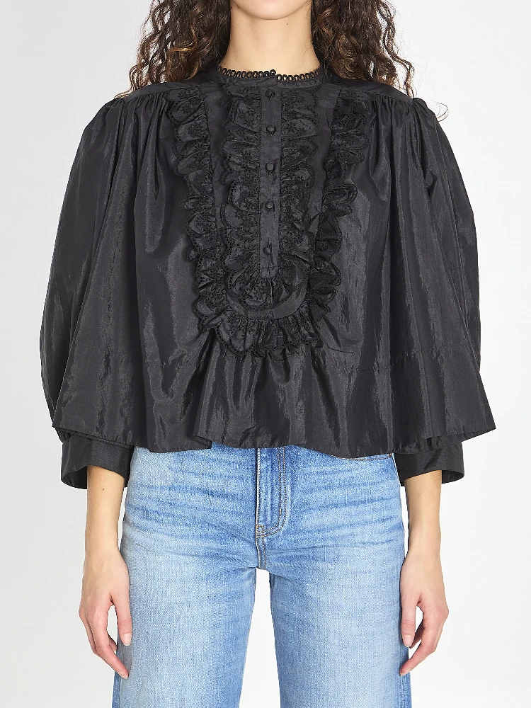 Gathered ruffle top in technical taffeta