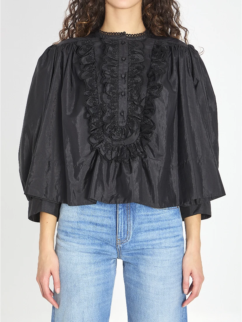 Gathered ruffle top in technical taffeta