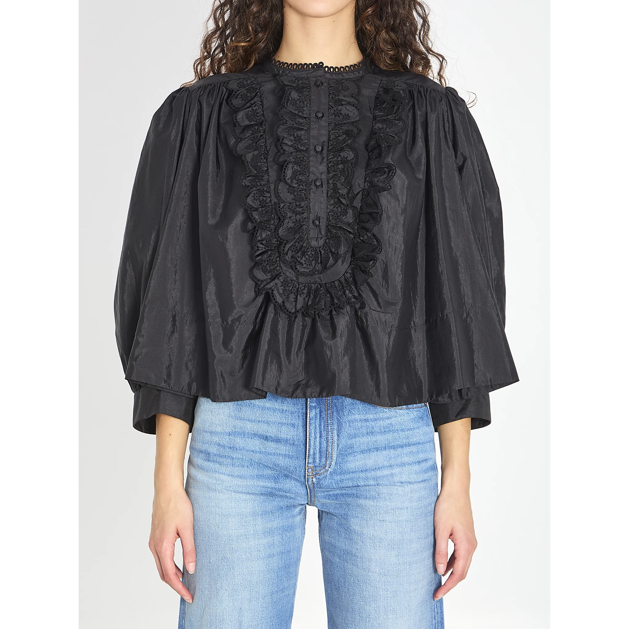 Gathered ruffle top in technical taffeta