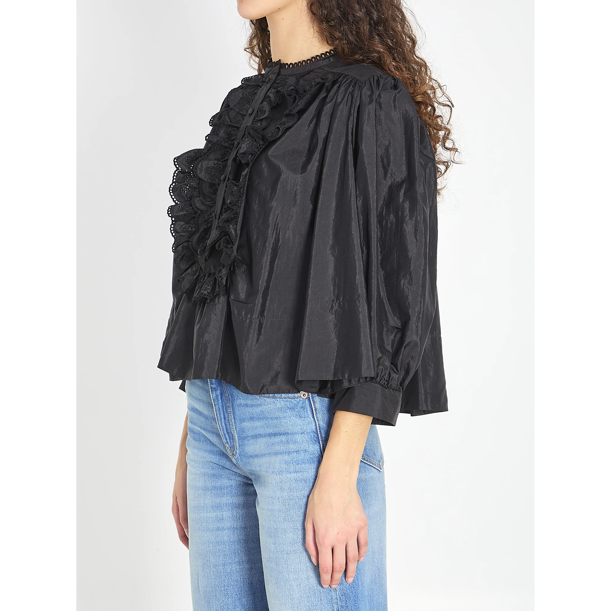 Gathered ruffle top in technical taffeta