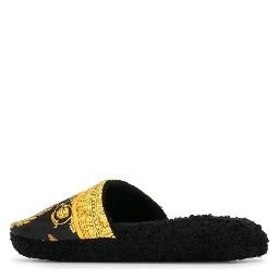 Black and Gold House Slippers in Cotton and Terry with Baroque Print