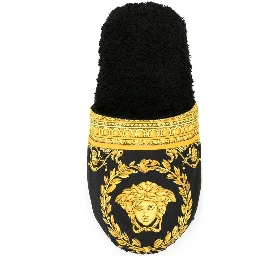 Black and Gold House Slippers in Cotton and Terry with Baroque Print