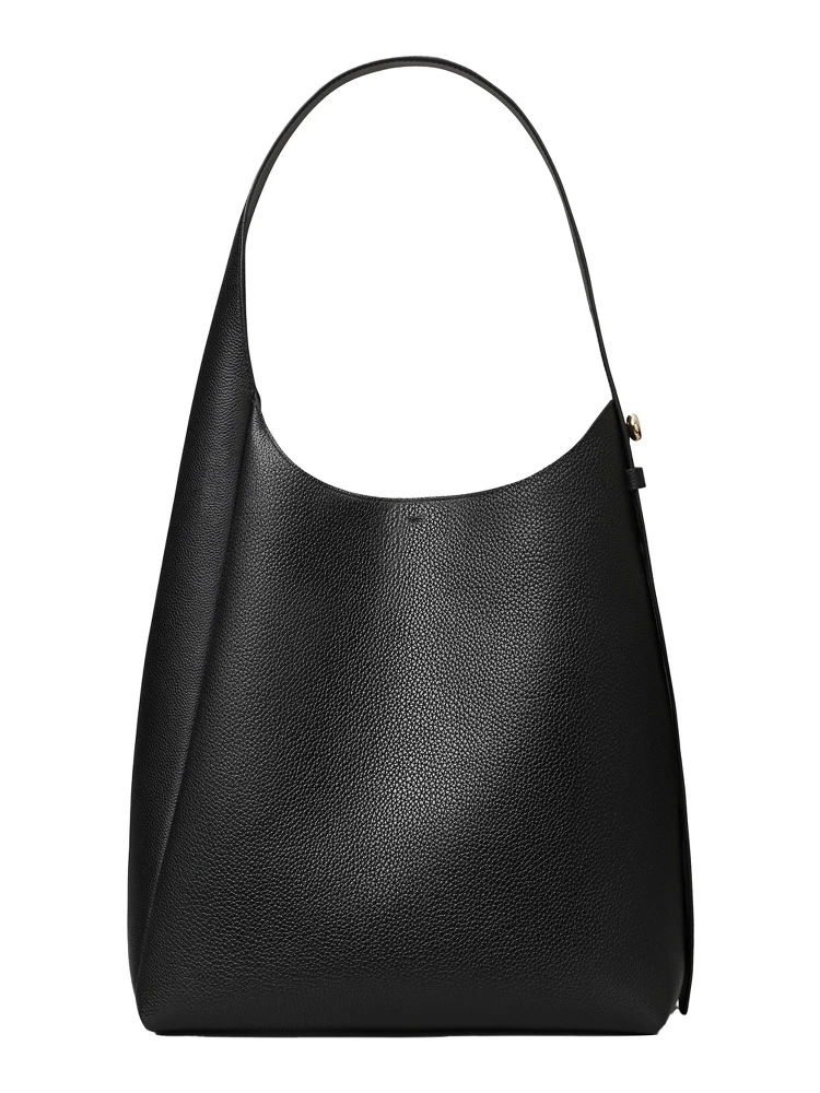 Rony Black Shoulder Bag with Thin Strap and Logo Button in Leather Woman