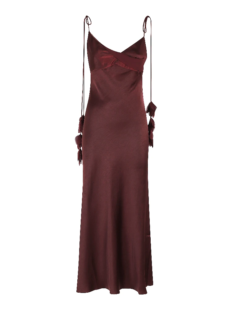 BURGUNDY SATIN FLOWER MIDI DRESS