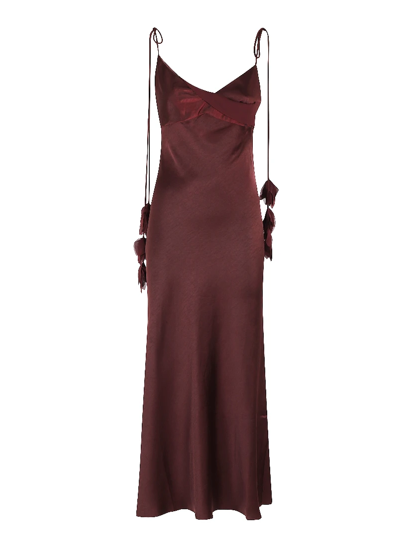 BURGUNDY SATIN FLOWER MIDI DRESS