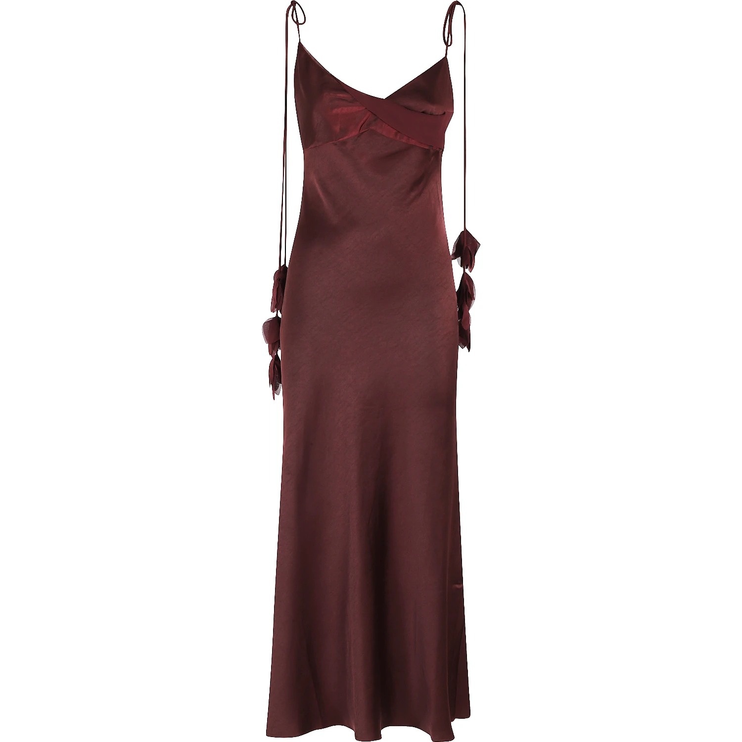BURGUNDY SATIN FLOWER MIDI DRESS