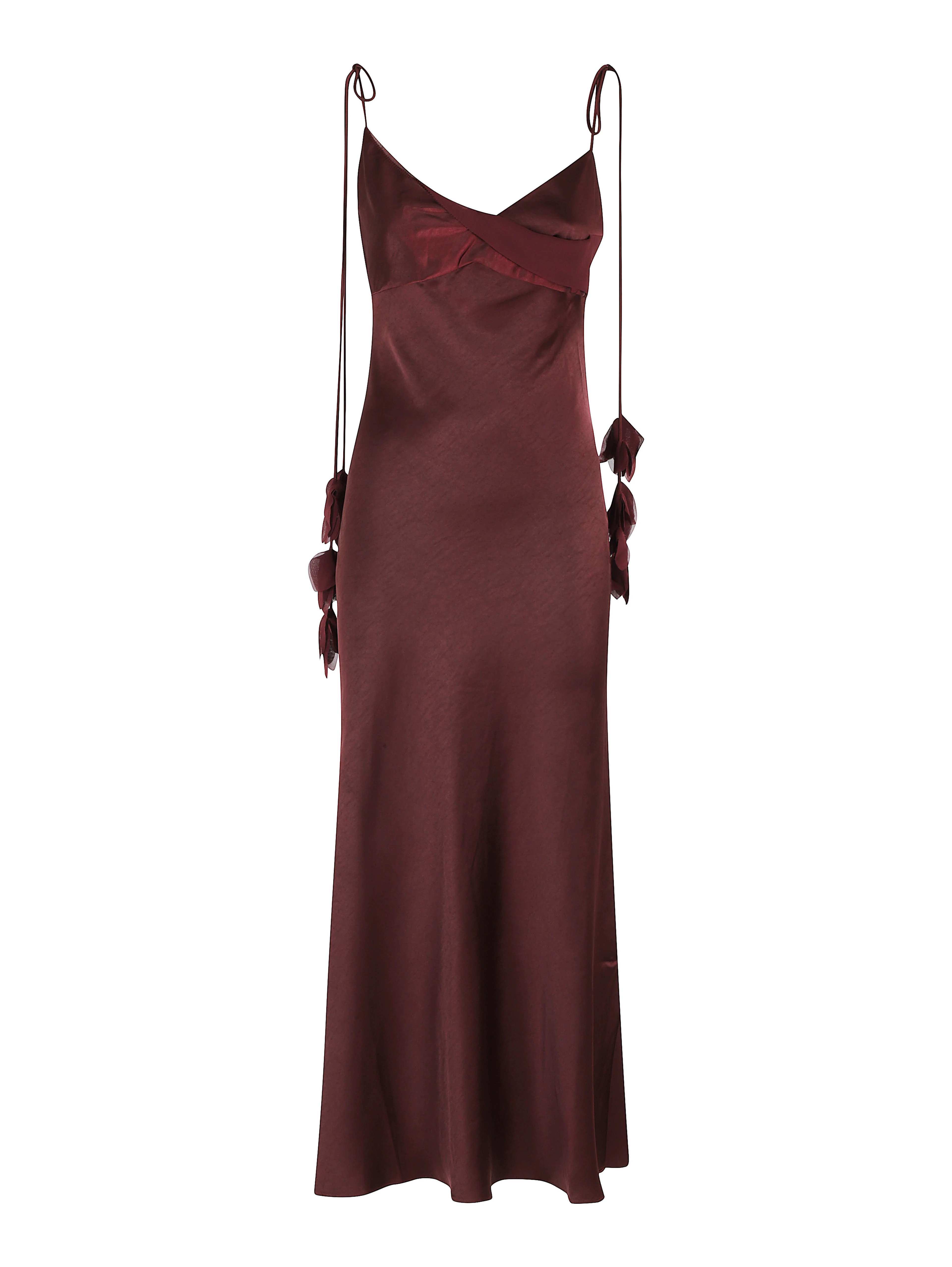 BURGUNDY SATIN FLOWER MIDI DRESS