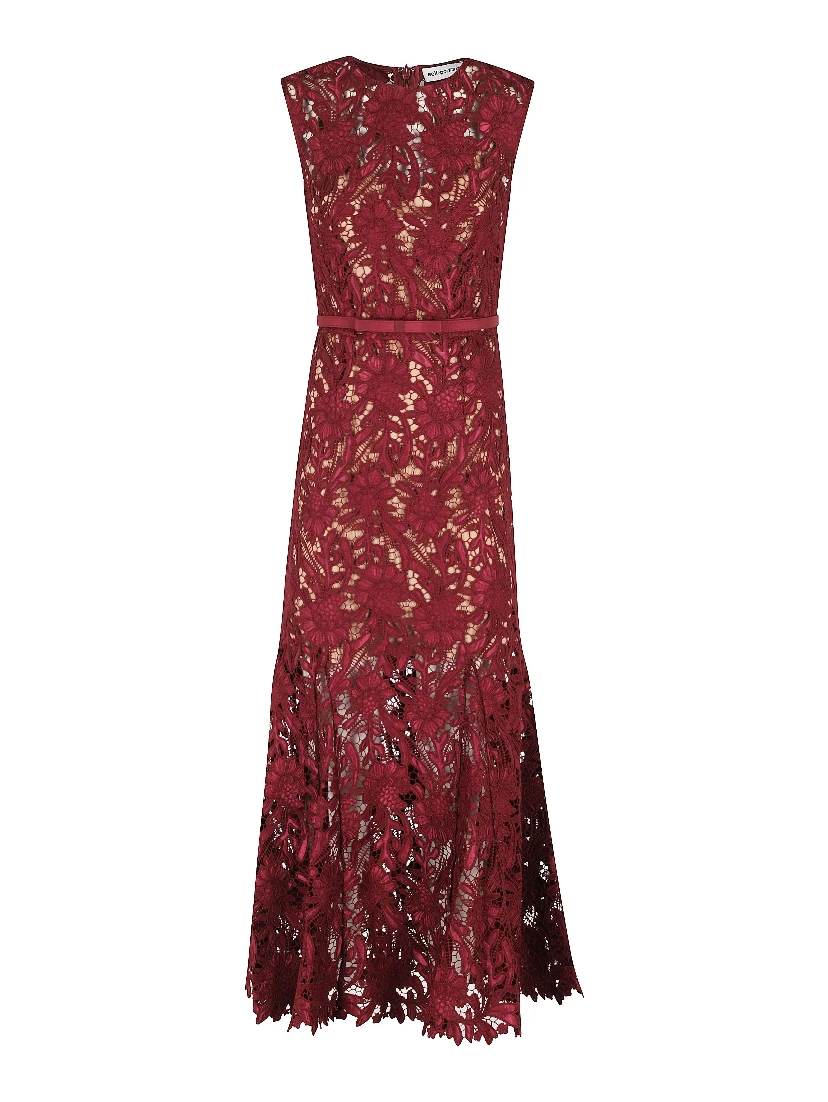 BURGUNDY GUIPURE LACE MIDI DRESS