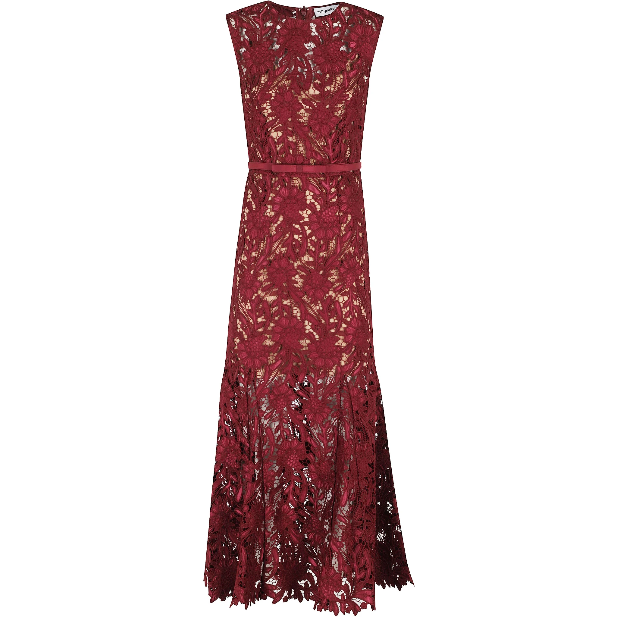 BURGUNDY GUIPURE LACE MIDI DRESS