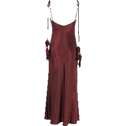 BURGUNDY SATIN FLOWER MIDI DRESS