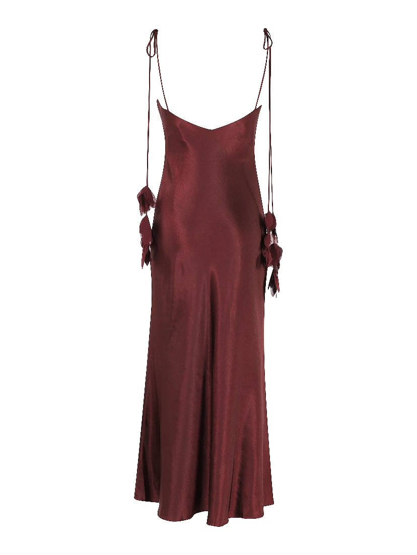 BURGUNDY SATIN FLOWER MIDI DRESS