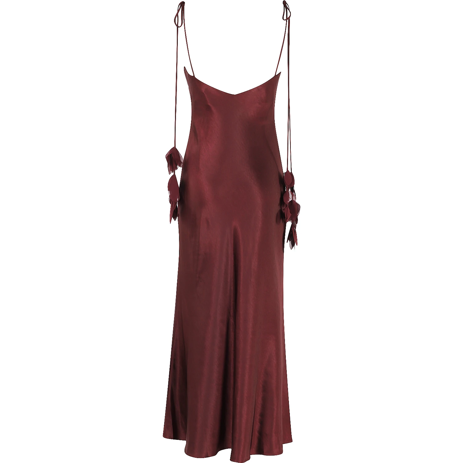BURGUNDY SATIN FLOWER MIDI DRESS