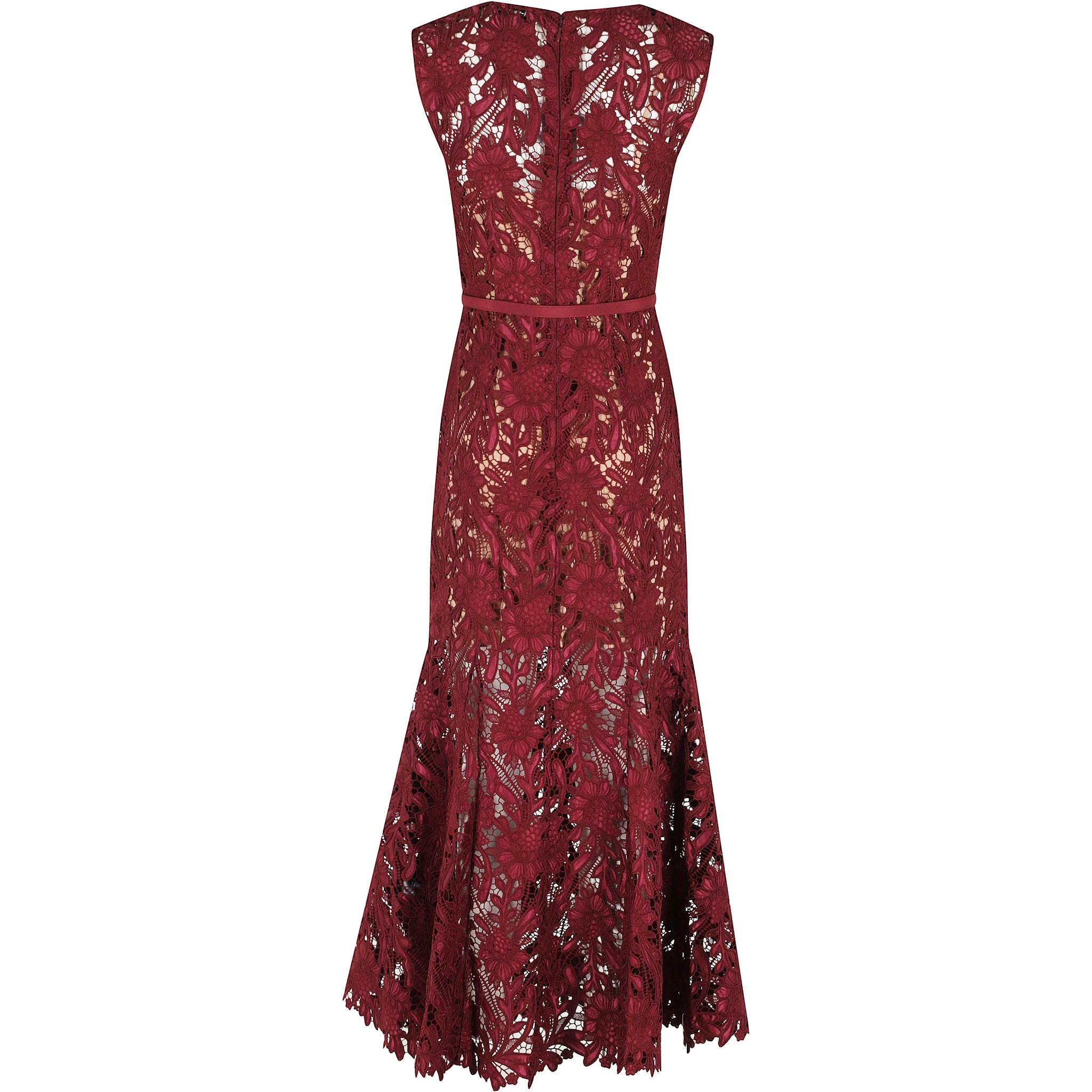 BURGUNDY GUIPURE LACE MIDI DRESS