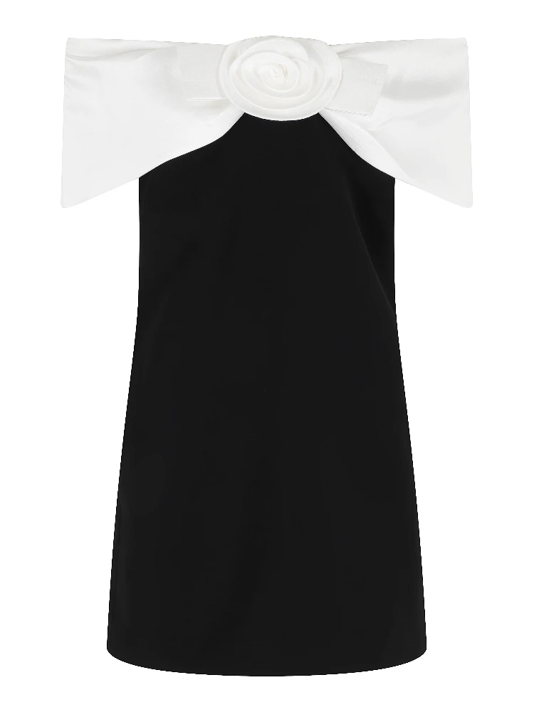 BLACK CREPE FLOWER MINI DRESS