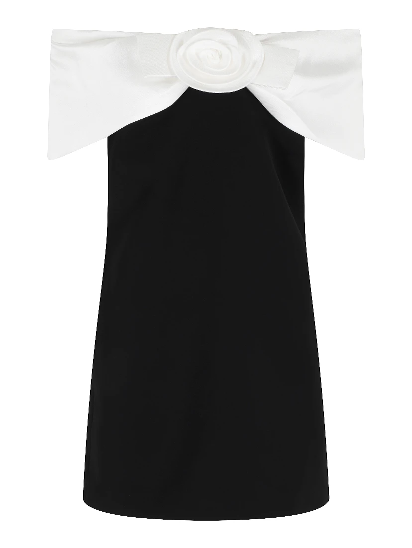 BLACK CREPE FLOWER MINI DRESS