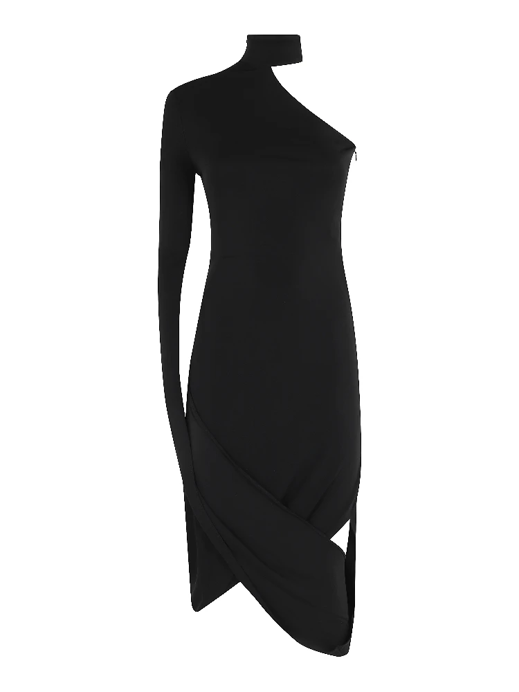 ASYMMETRIC MIDI DRESS W DRAPED SLEEVES