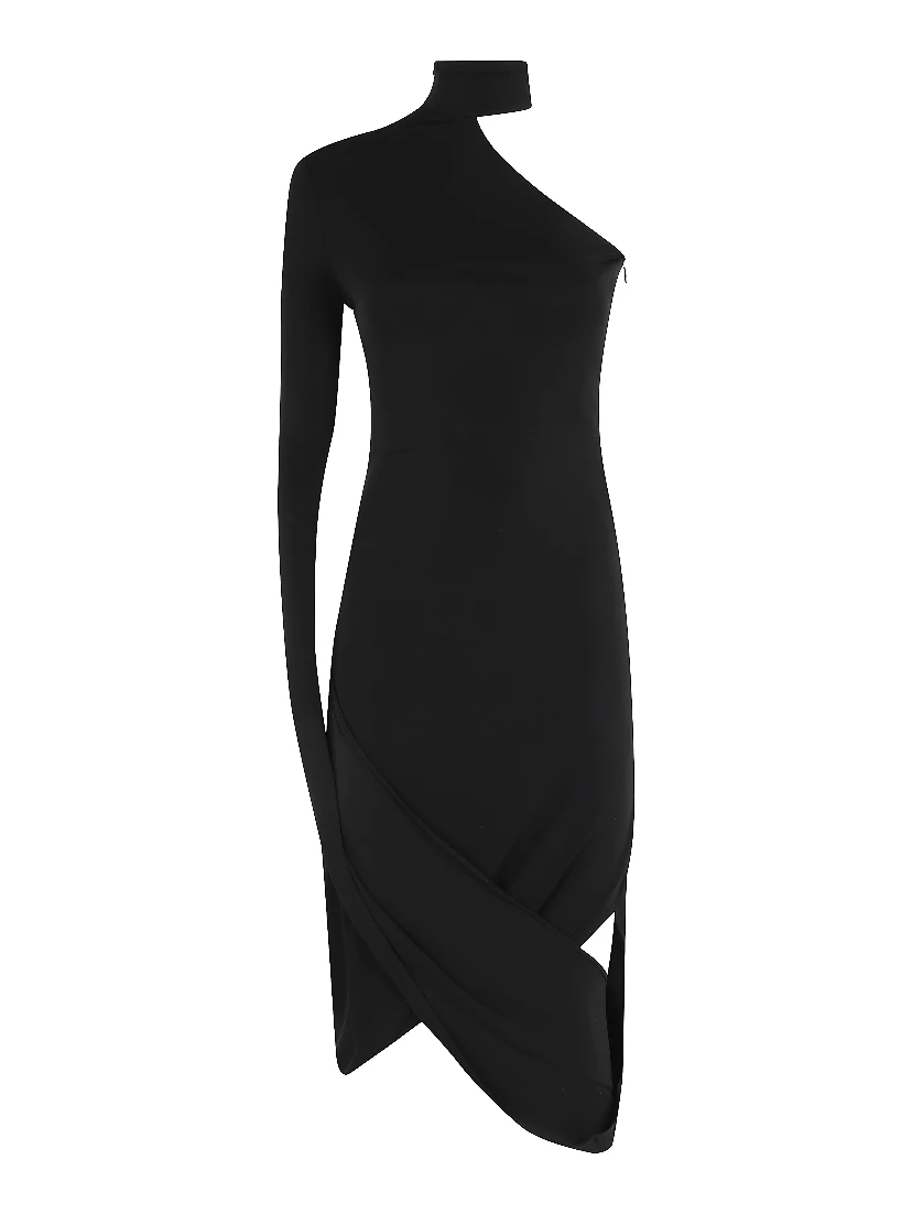 ASYMMETRIC MIDI DRESS W DRAPED SLEEVES