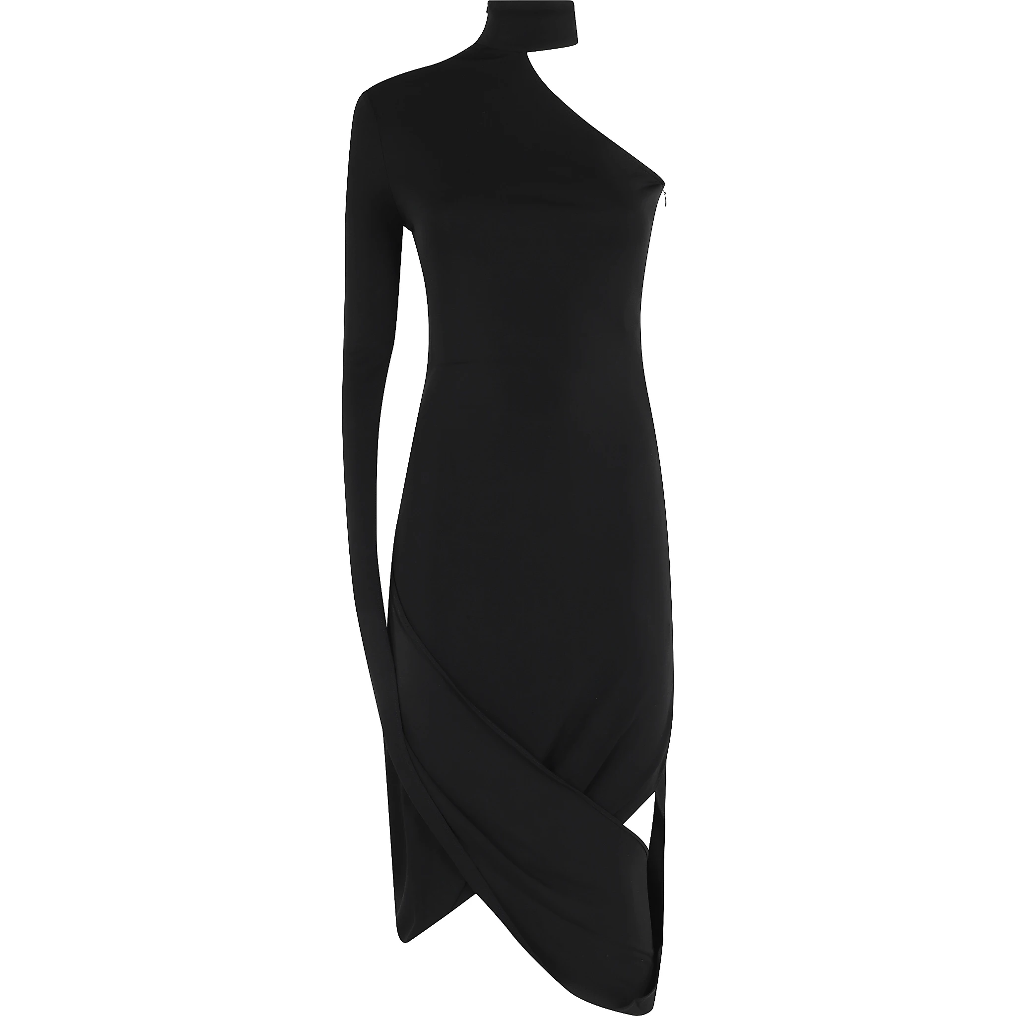 ASYMMETRIC MIDI DRESS W DRAPED SLEEVES