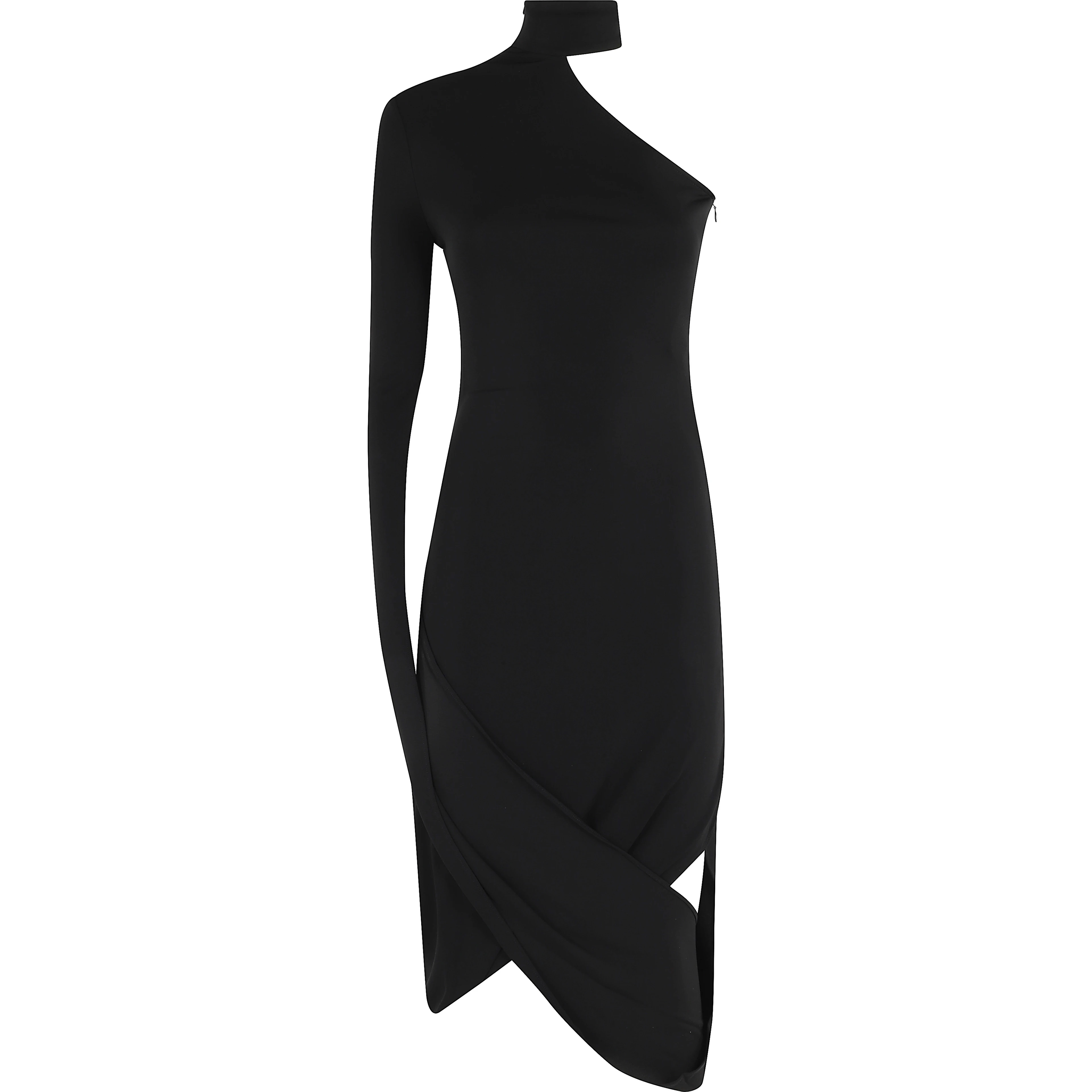 ASYMMETRIC MIDI DRESS W DRAPED SLEEVES