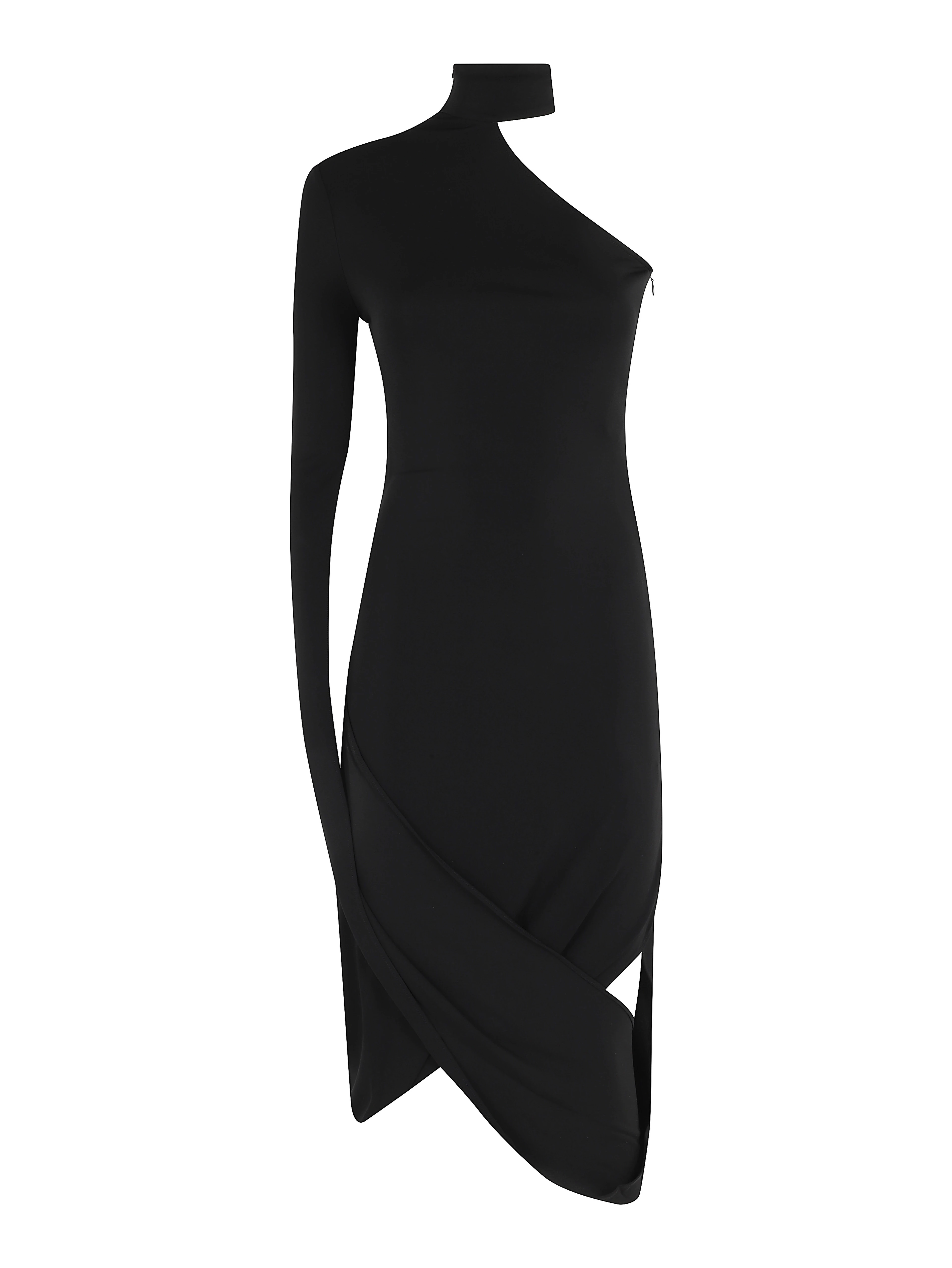 ASYMMETRIC MIDI DRESS W DRAPED SLEEVES