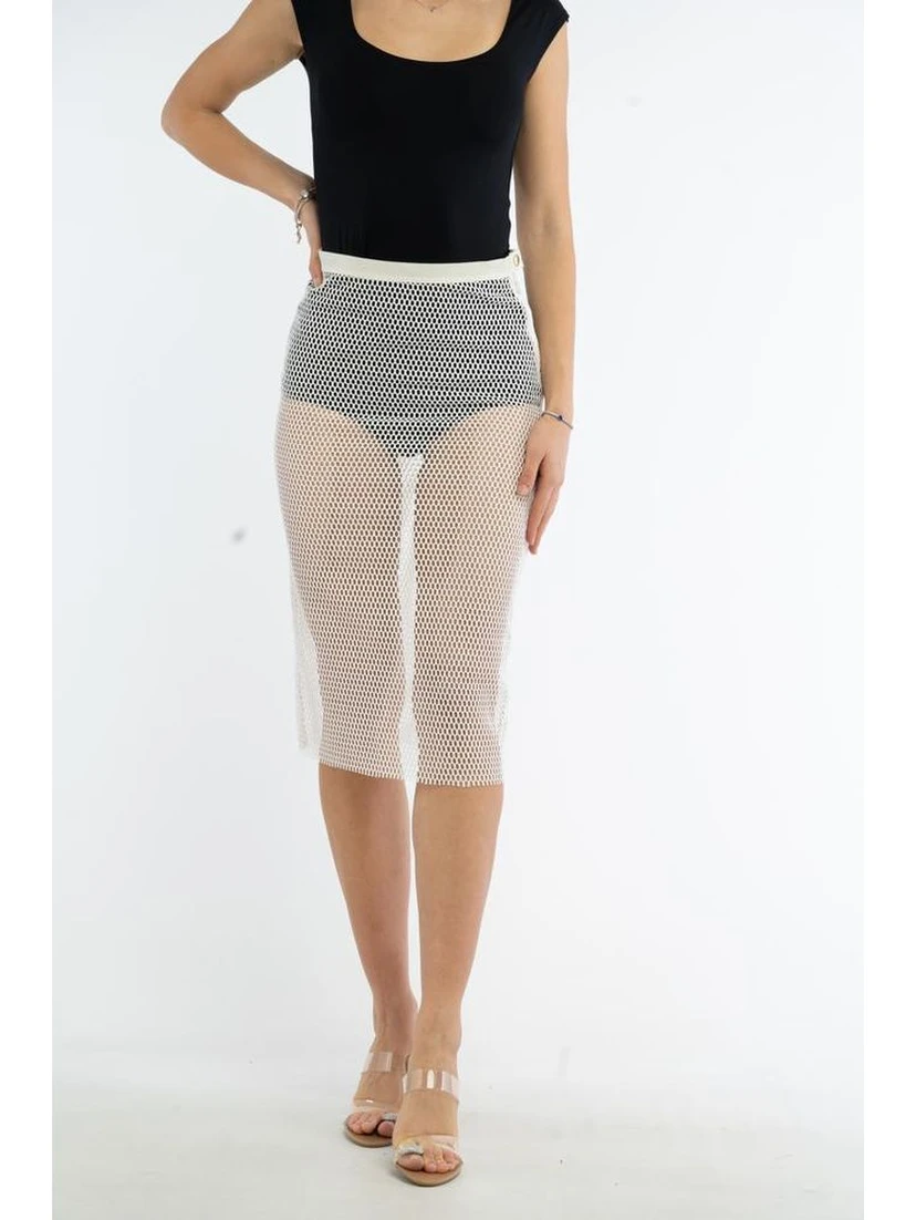 White Polyester Midi Skirt