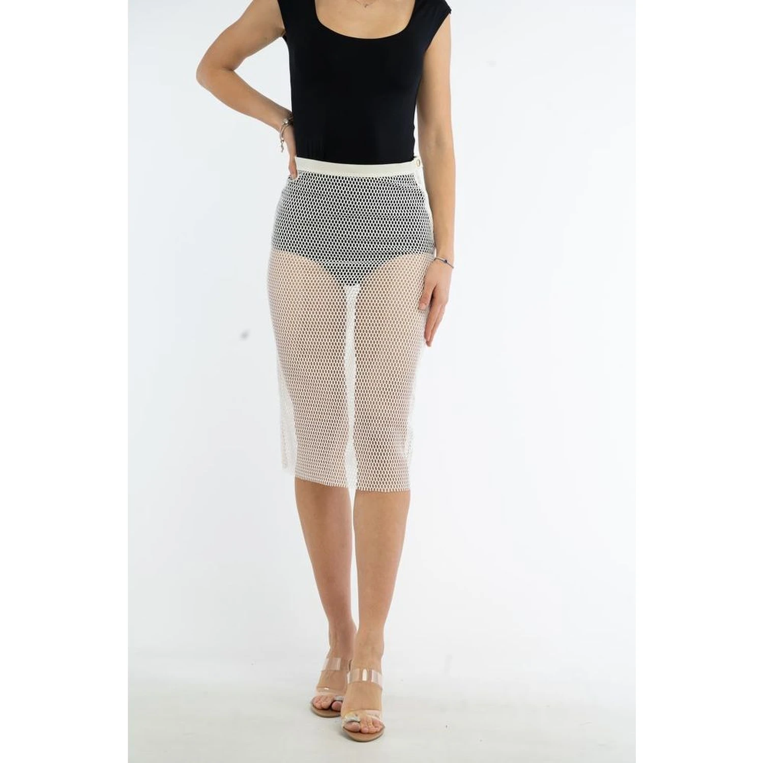 White Polyester Midi Skirt
