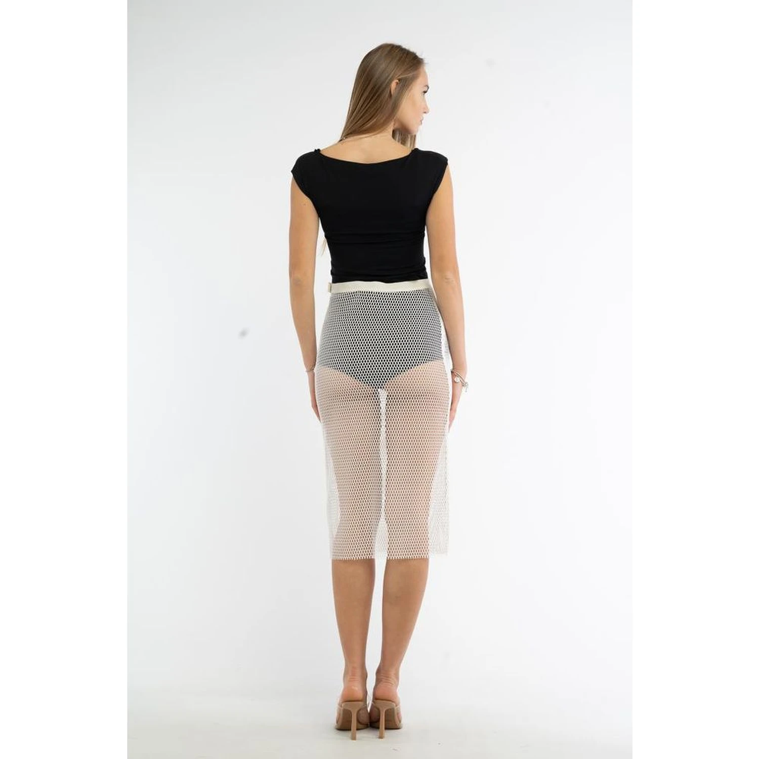 White Polyester Midi Skirt