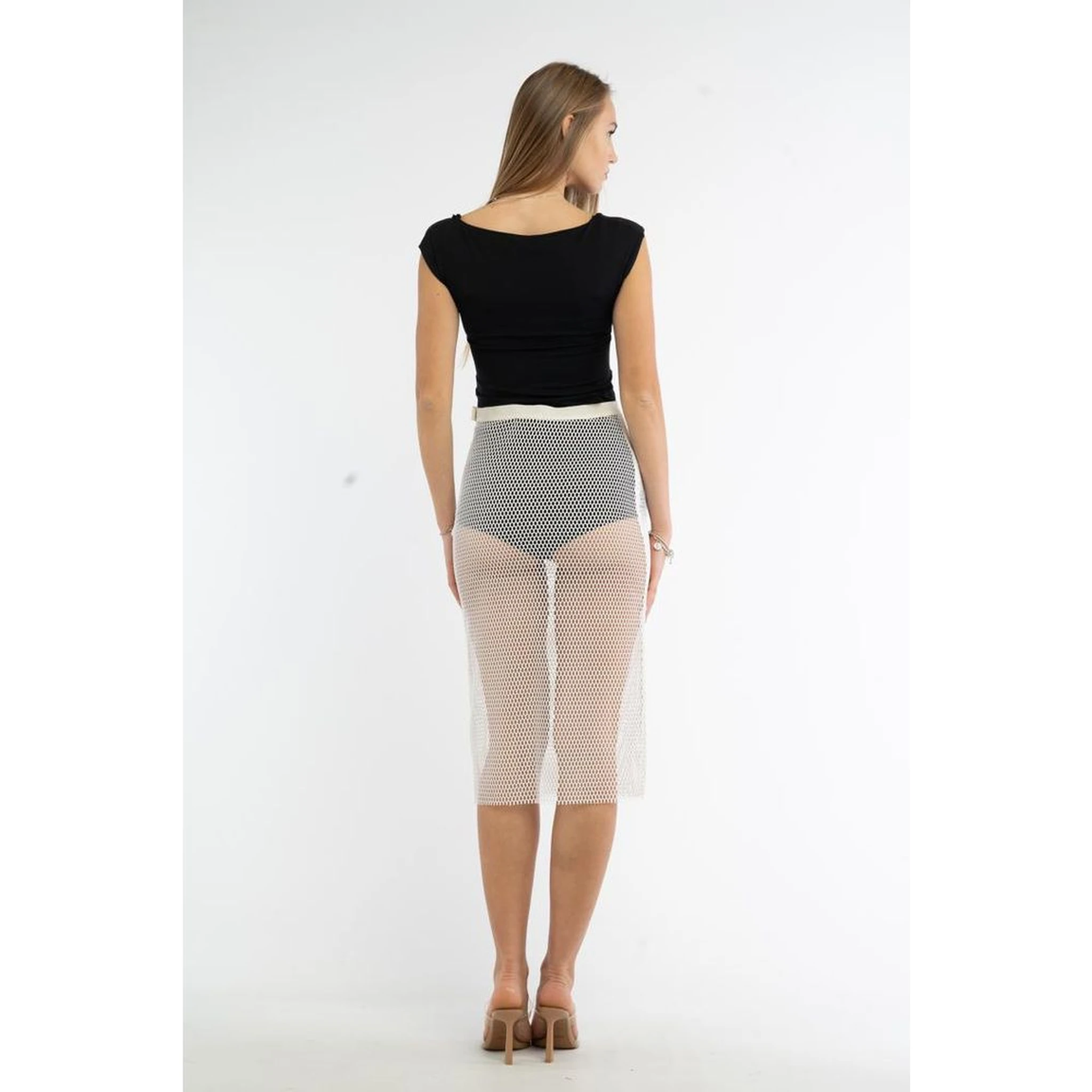 White Polyester Midi Skirt