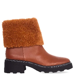 Brown Leather Ankle Boots Andira – Women’S Block Heel Boots With Decorative Shearling And Lug Sole