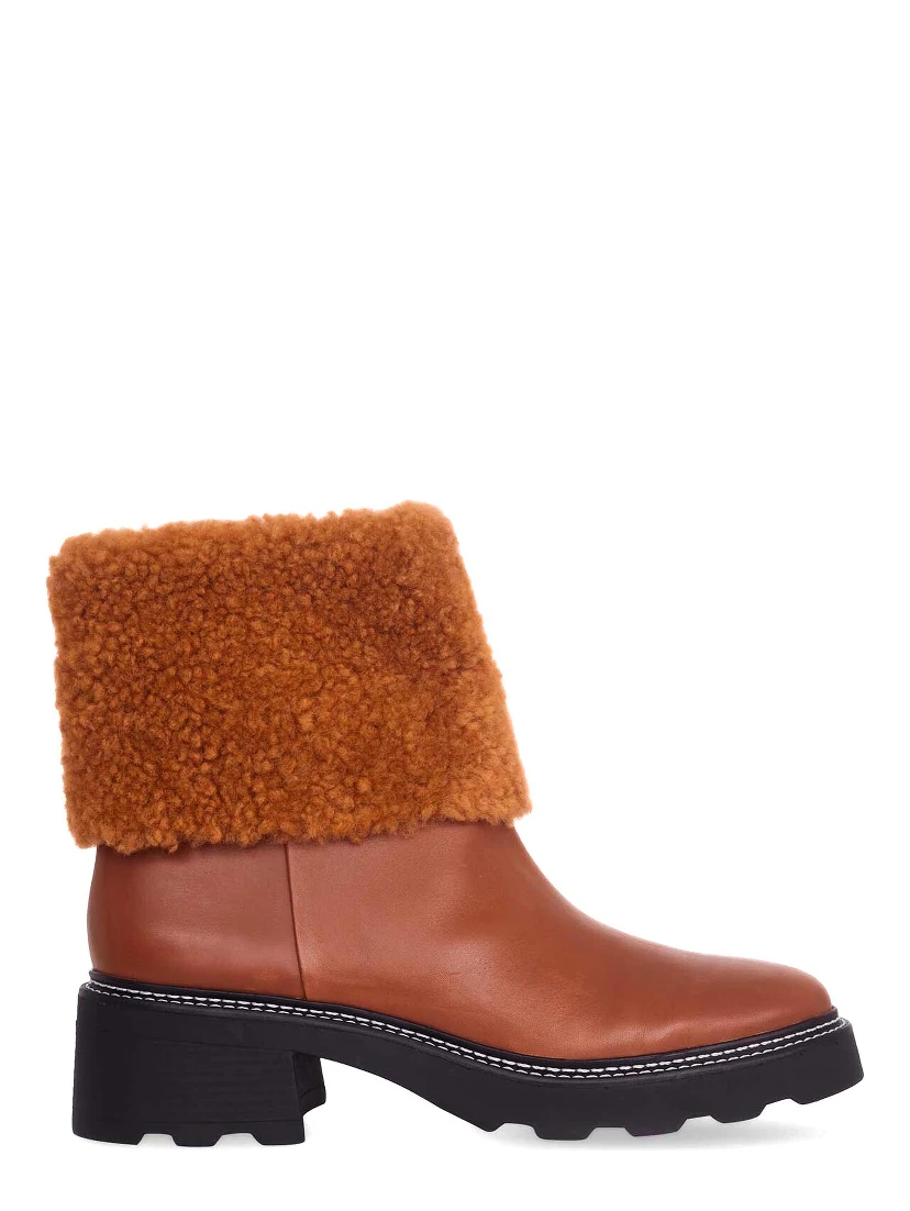 Brown Leather Ankle Boots Andira – Women’S Block Heel Boots With Decorative Shearling And Lug Sole
