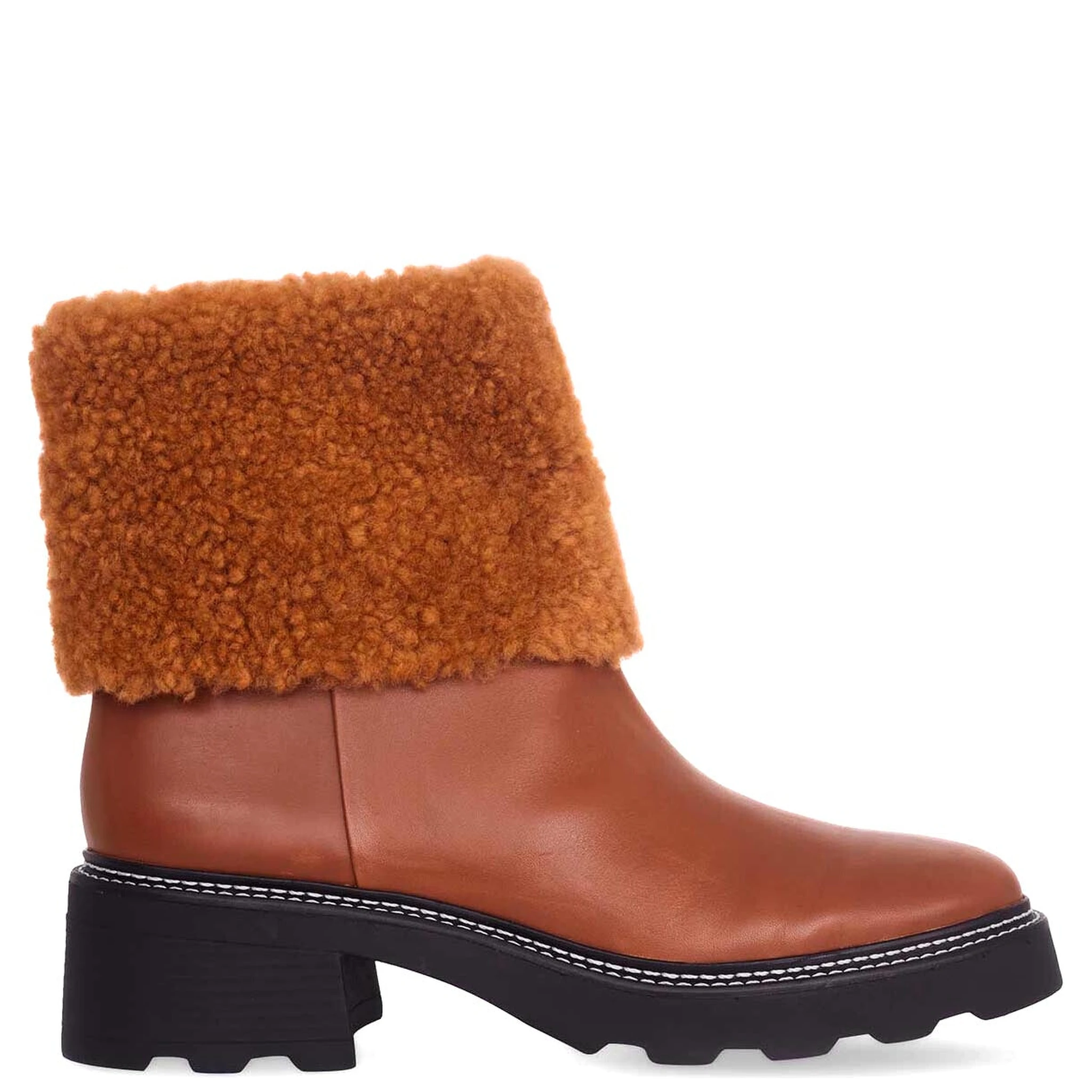 Brown Leather Ankle Boots Andira – Women’S Block Heel Boots With Decorative Shearling And Lug Sole