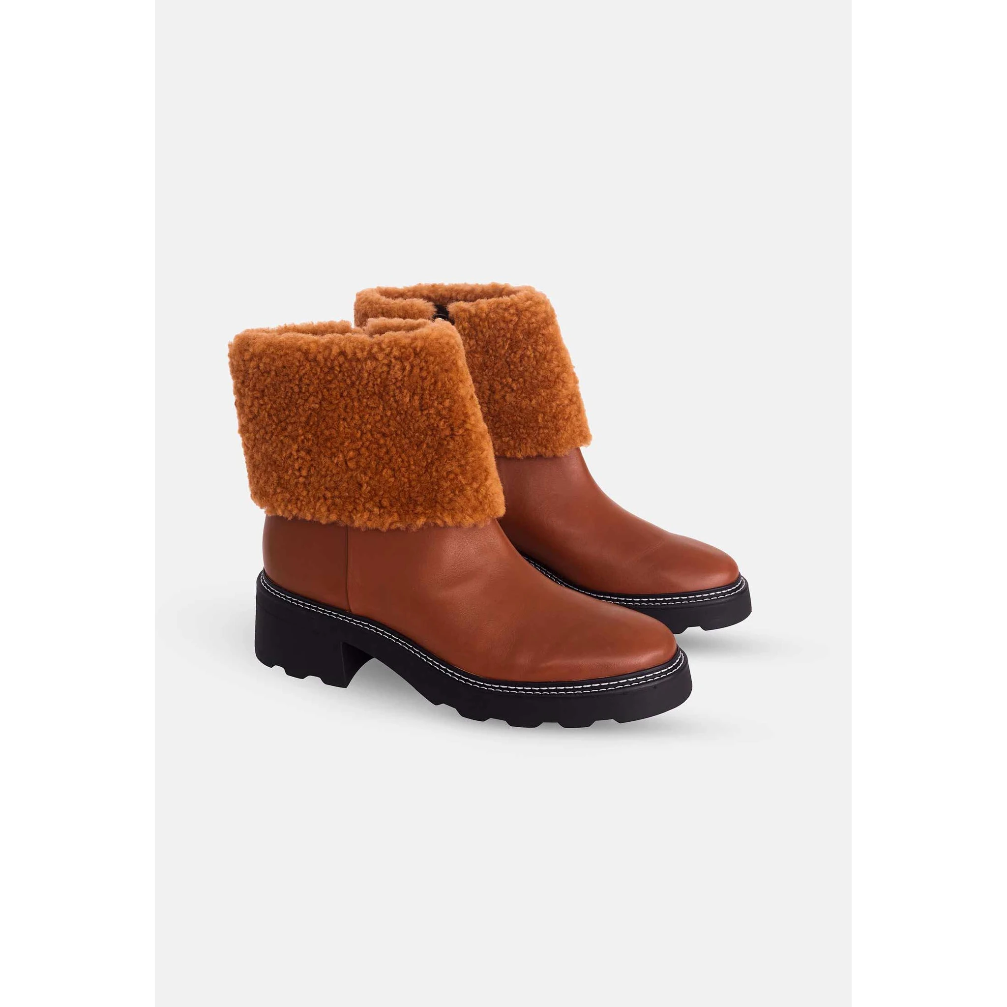 Brown Leather Ankle Boots Andira – Women’S Block Heel Boots With Decorative Shearling And Lug Sole