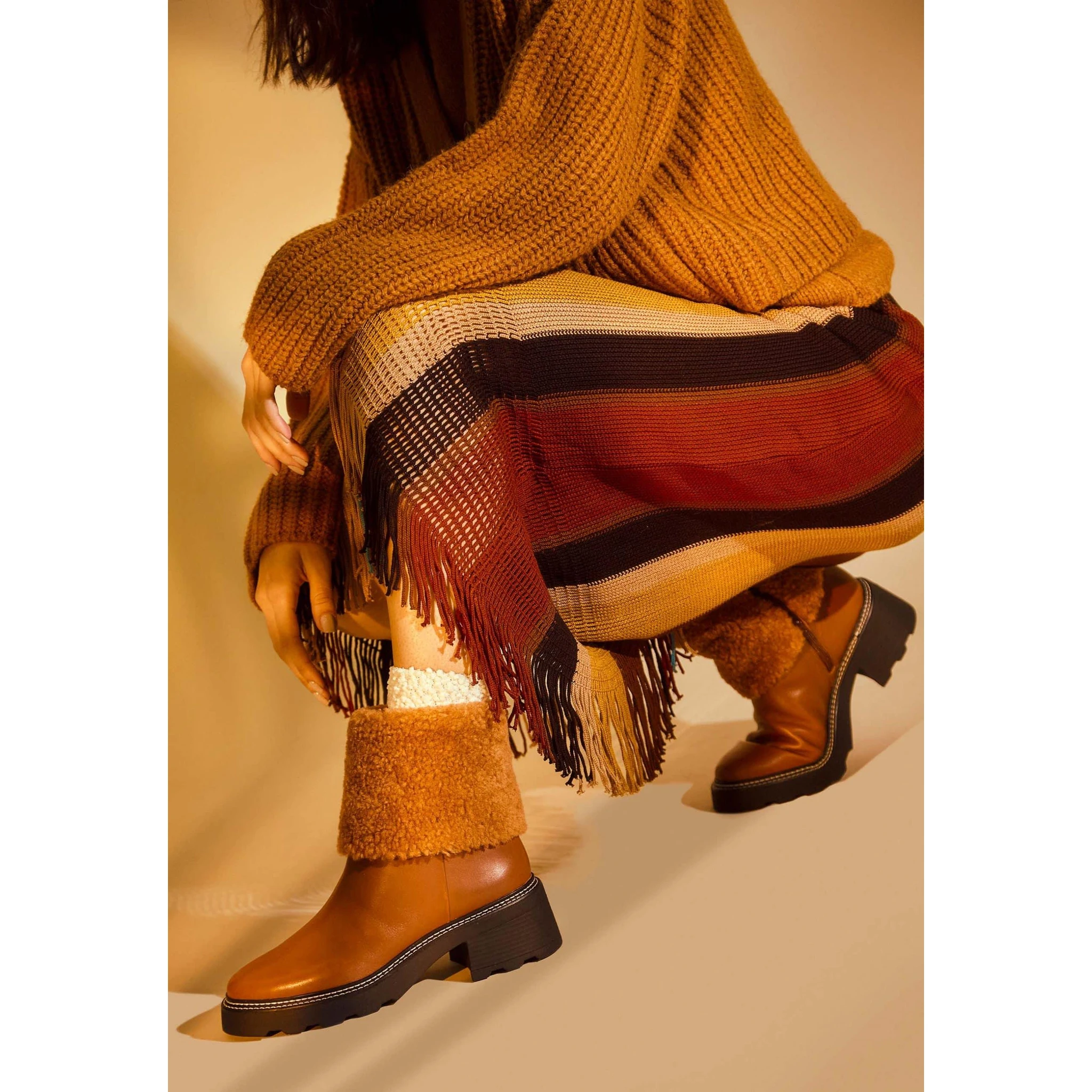 Brown Leather Ankle Boots Andira – Women’S Block Heel Boots With Decorative Shearling And Lug Sole