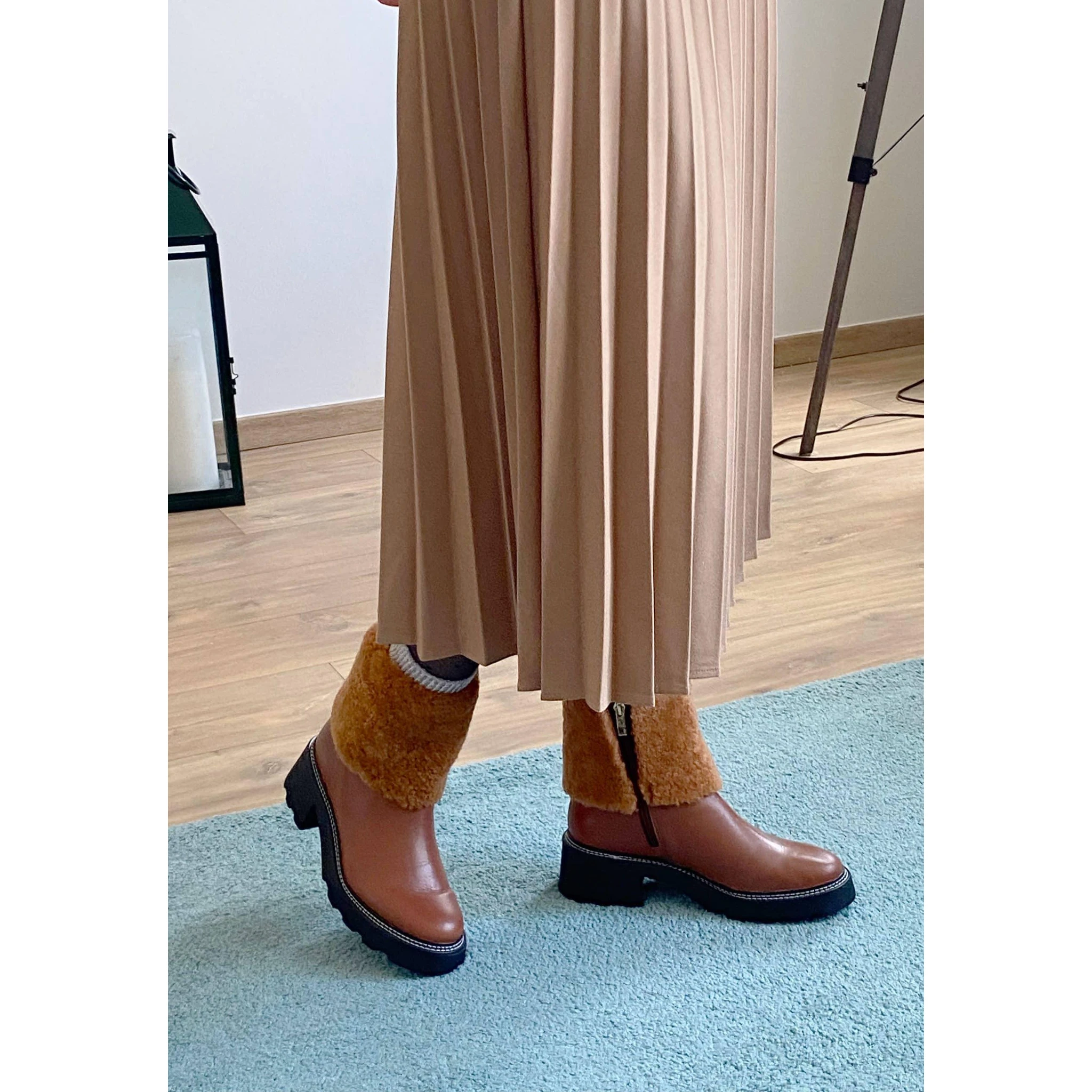 Brown Leather Ankle Boots Andira – Women’S Block Heel Boots With Decorative Shearling And Lug Sole