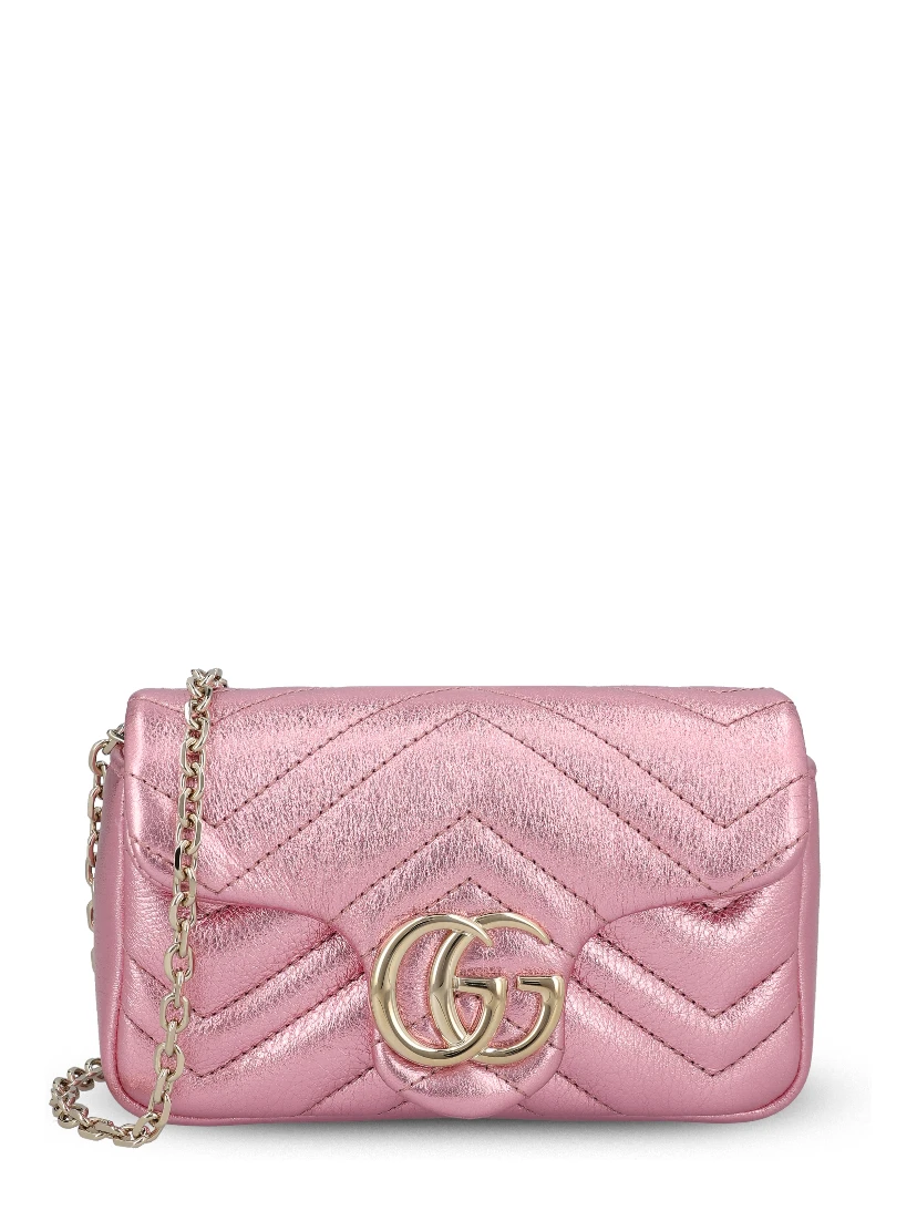 GG Marmont mini shoulder bag in pink metallic lamé leather